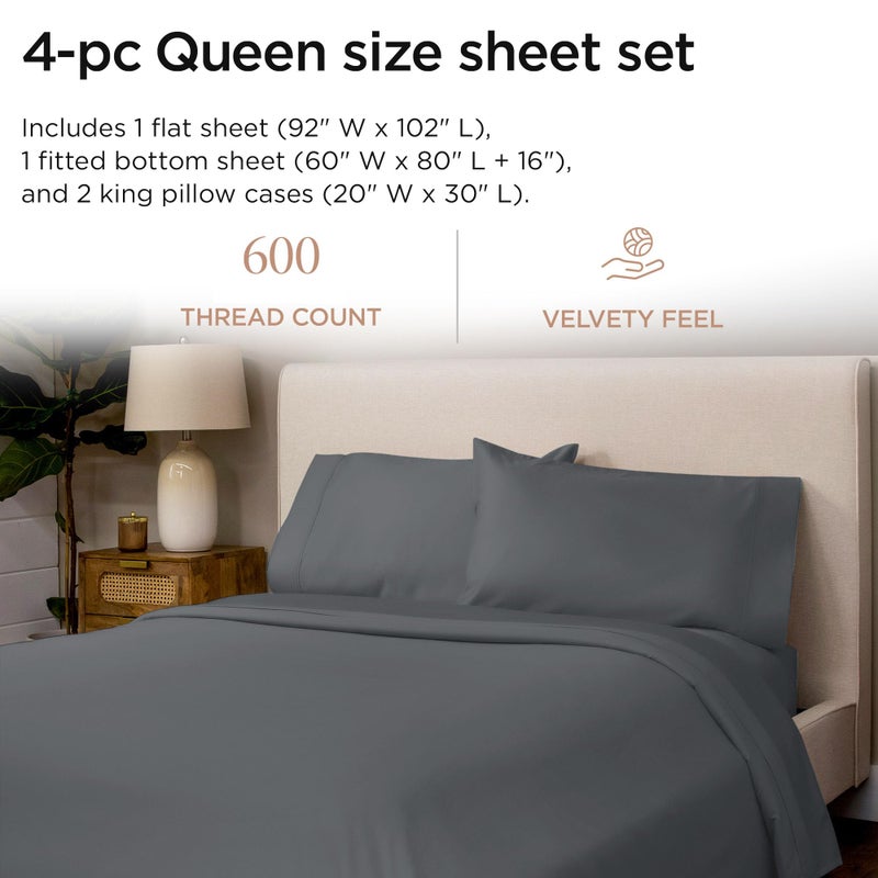 Threadmill 100% Cotton Sheets for Queen Size Bed - 600 Thread Count Queen Bed Sheets Set with 16â€ Deep Pocket - Sateen Weave 4-Piece Bedding Set with Cooling Effect, Dark Grey - Image 2